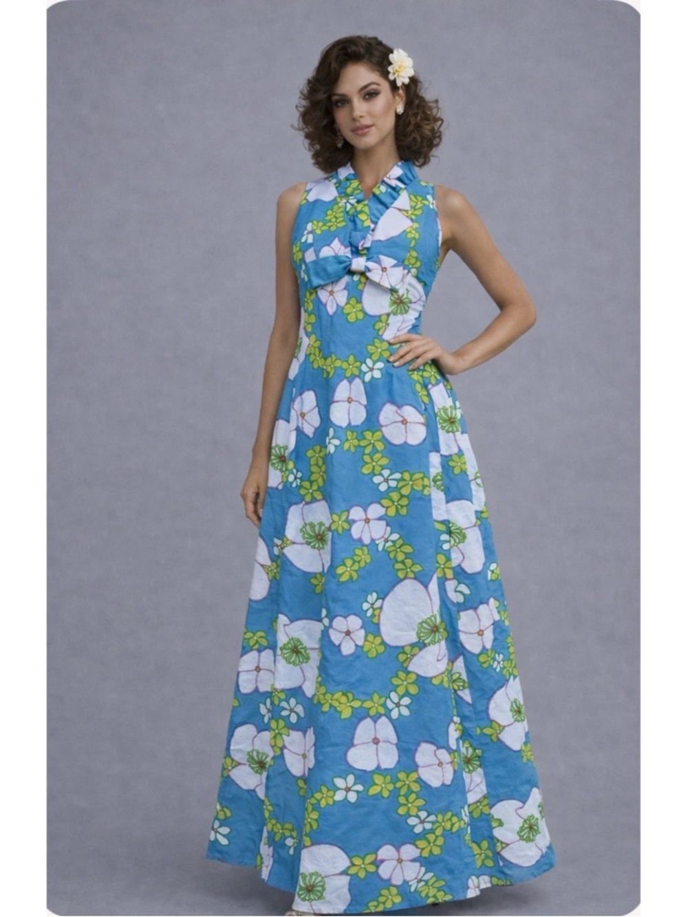 Vintage 1960s Miss Milli Hawaii Blue Sleeveless Floral Hostess Maxi Dress Sz XS